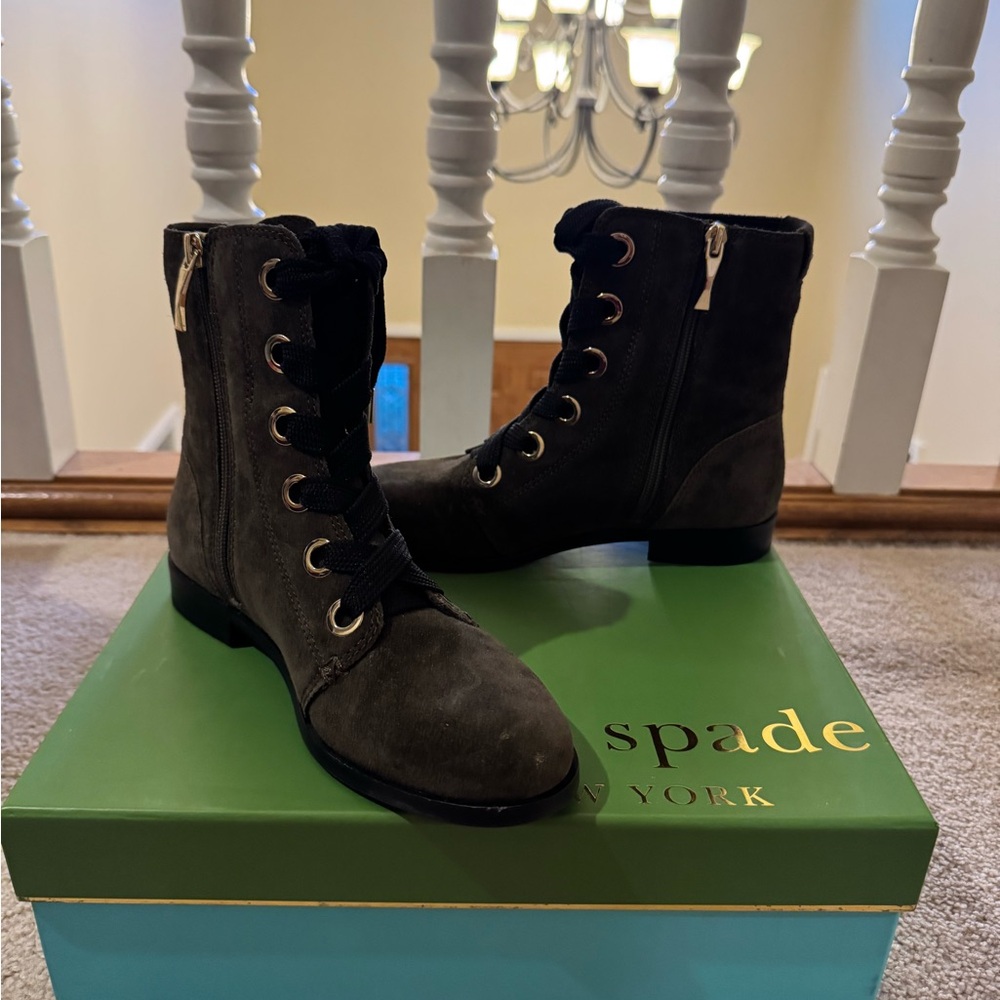 Kate Spade “Raquel” booties in olive green suede, size 6, worn once